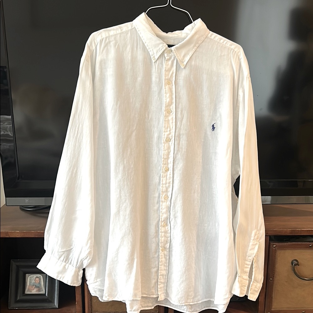 Ralph Lauren Men’s White Casual Button Down 100% Linen Shirt.